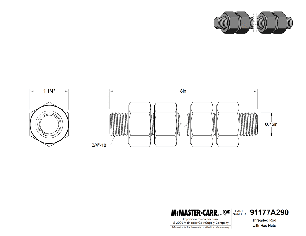 Technical Drawing of Threaded Rod with Hex Nuts, Grade B7, 3/4"-10 Thread Size, 8" Long.